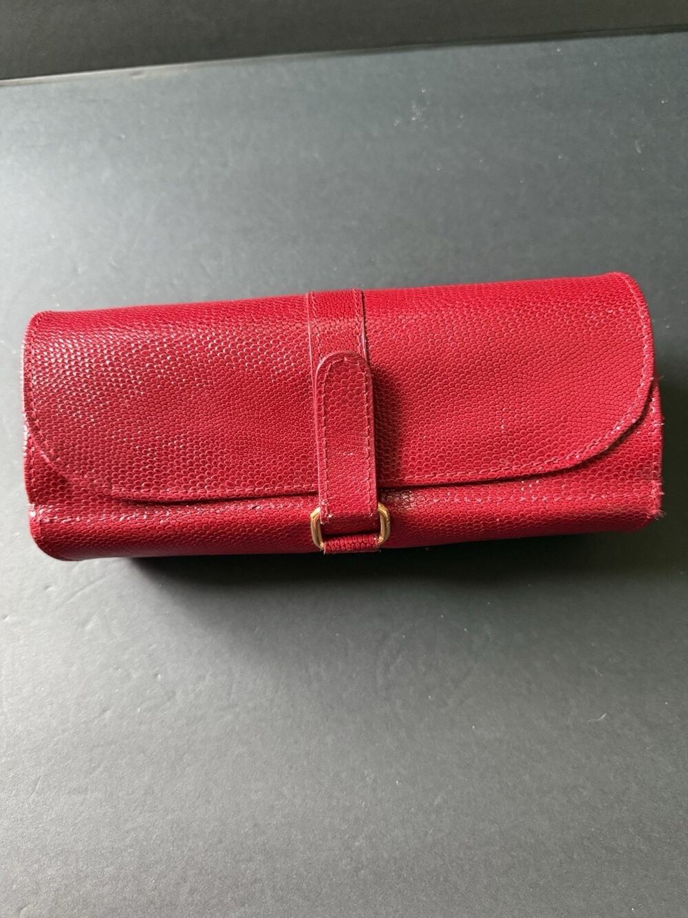 Vintage Alfred Design Leather Jewelry Roll Travel Organizer Case Red Minimalist